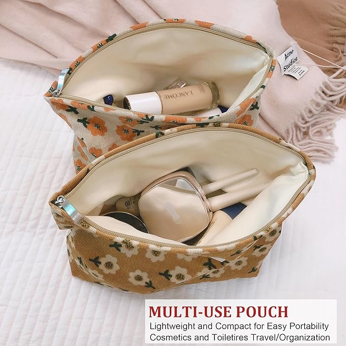 HAPPYHEIDI Women Floral Corduroy Canvas Travel Makeup Bag Cosmetic Pouch Purse Organizer, Khaki