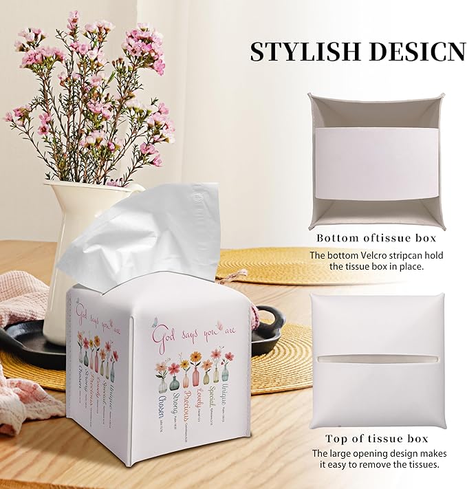 Grace Yonks Cute Tissue Box Cover Square - “God Says You are” Bible-Inspired Floral Design 5.2" PU Leather Holder for Vanity, Desk, or Bathroom Counter - Cube Case for Facial Tissues(020)