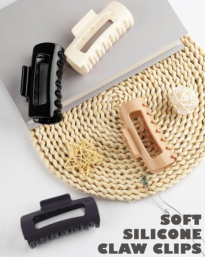 Soft & Flexible Hair Claw Clip 4-Pack, Large Squishy Claw Clips for Thick Hair, Lightweight Volumizing Hair Clips, Strong Hold Non-Slip Hair-Pins for Women Daily Use（Black+Gray+Coffee+White）