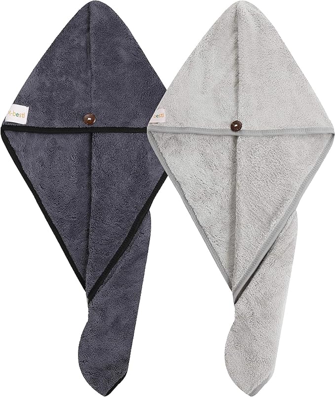 2 Pack Hair Drying Towels, Anti-frizz Hair Towel Wrap, Absorbent Microfiber Hair Towel Turban with Button Design for Straight Curly Hair (Dark Gray&Light Gray)
