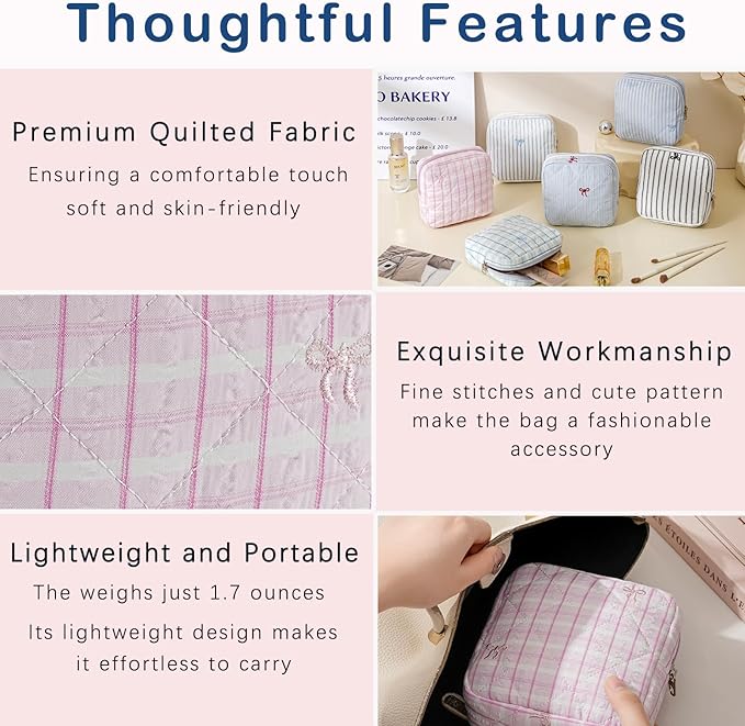 Small Quilted Striped Cosmetic Pouch for Purse, Mini Cotton Makeup Bag with Compartments, Cute Zipper Lipstick Holder for Women (23 Pink Stripes)