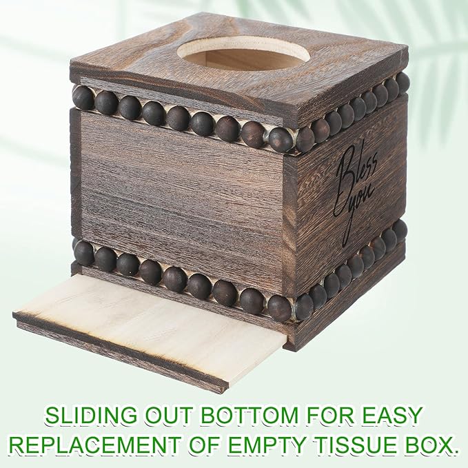 Bless You Beaded Square Tissue Box Cover, Rustic Farmhouse Vintage Wooden Tissue Holder Box Distressed Napkin Holder for Table Bathroom Decor (Brown)