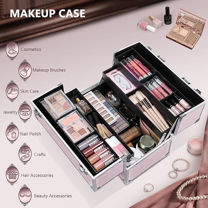 Stagiant 12.6 Inch Large Makeup Train Case, Professional 4 Trays Cosmetic Cases Makeup Storage Organizer Box Beauty Make Up Box with Lock&Adjustable Compartments for Nail, Accessories, Skincare, Pink