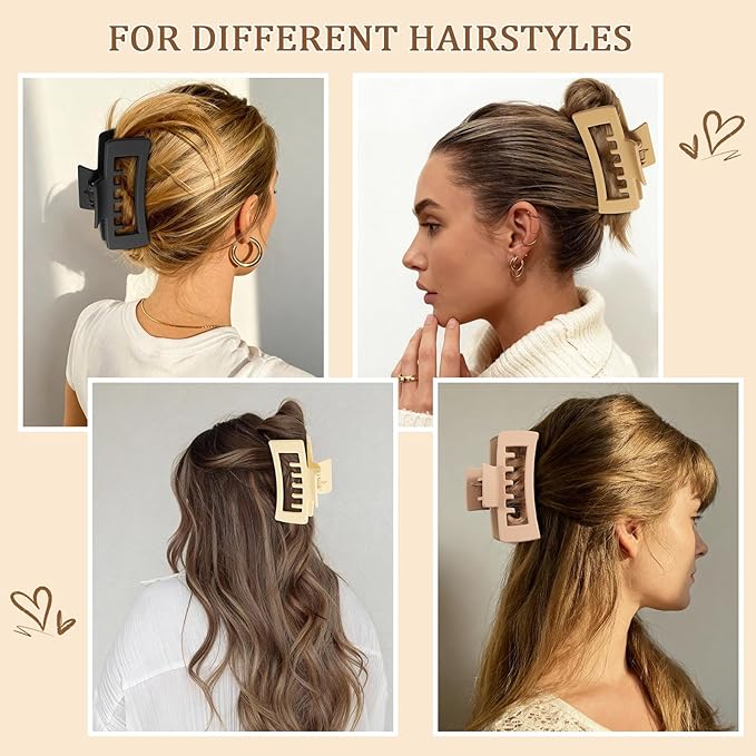 6 PCS Rectangle Hair Clips for Women and girls, 4.1 Inch Extra Large Claw Clips for Thick Thin Hair, Strong Hold Non Slip Big Square Banana Jaw Clips Hair Accessories, Neutral Color