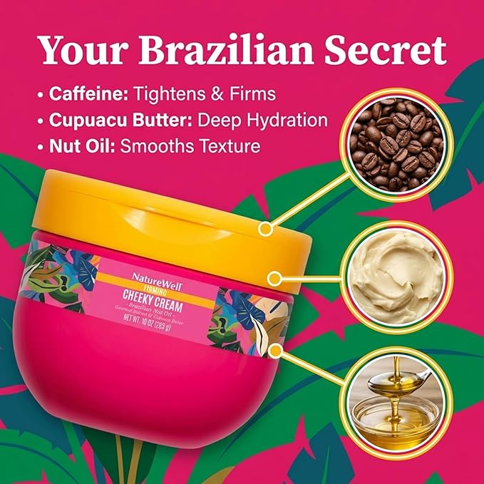 NATURE WELL Ultra-Rich Firming & Tightening Cheeky Body Cream, Promotes Deep Hydration, Fast Absorbing, Scents of Pistachio Cream, Almond Blossom, Brazil Nut, Cupuacu, Coconut, & Salted Caramel, 10 Oz