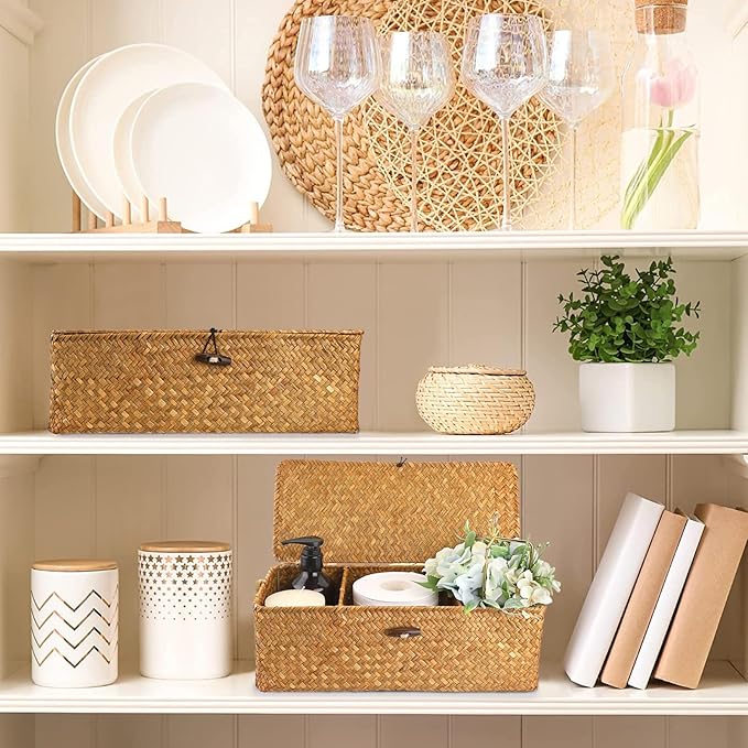 Sumnacon Small Woven Basket for Shelf, Wicker Shelves Storage Baskets with Sections Seagrass Storage Bin with Lid for Tampon Toiletry Rectangular Storage Basket for Bathroom Table Desk Caramel