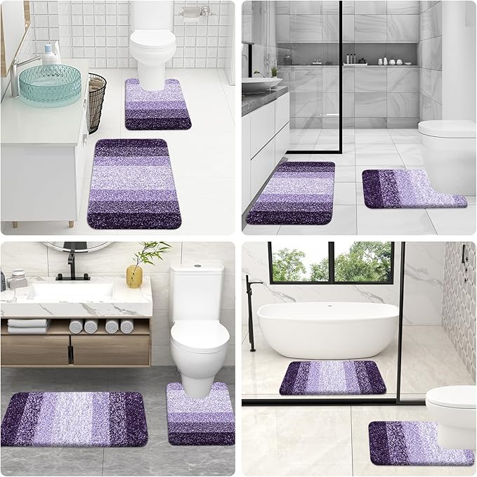 OLANLY Bathroom Rug Set 2 Piece, Soft Absorbent Microfiber Bath Mats and U-Shaped Contour Toilet Rug, Non-Slip, Machine Wash Dry, Plush Shaggy Bath Mats for Bathroom (24"x16"+24"x20", Violet)