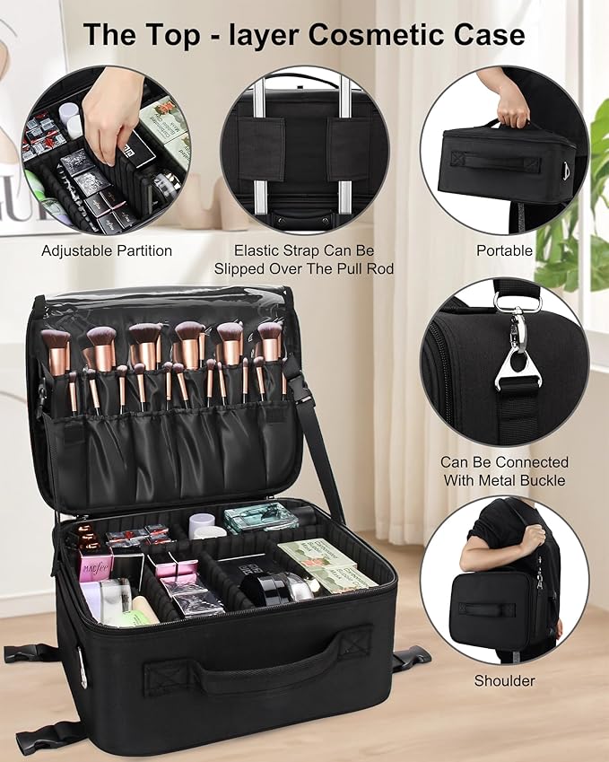 Relavel Rolling Makeup Case Professional Makeup Train Case, Rolling Makeup Kit Bag Makeup Artist Travel Bag with Wheels, 4-in-1 Portable Travel Beauty Trolley Case for Cosmetology Storage(Black)