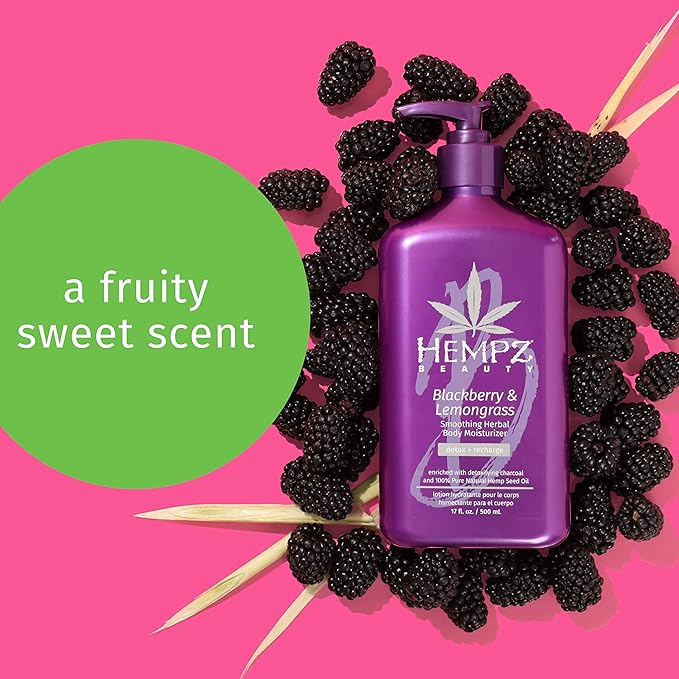 Hempz Blackberry & Lemongrass Herbal Body Moisturizer for Women, 17 Fl. oz. - Moisturizing Lotion with 100% Pure Hemp Seed Oil, Charcoal, Shea Butter - Hydrating Vegan Lotion for Dry Skin