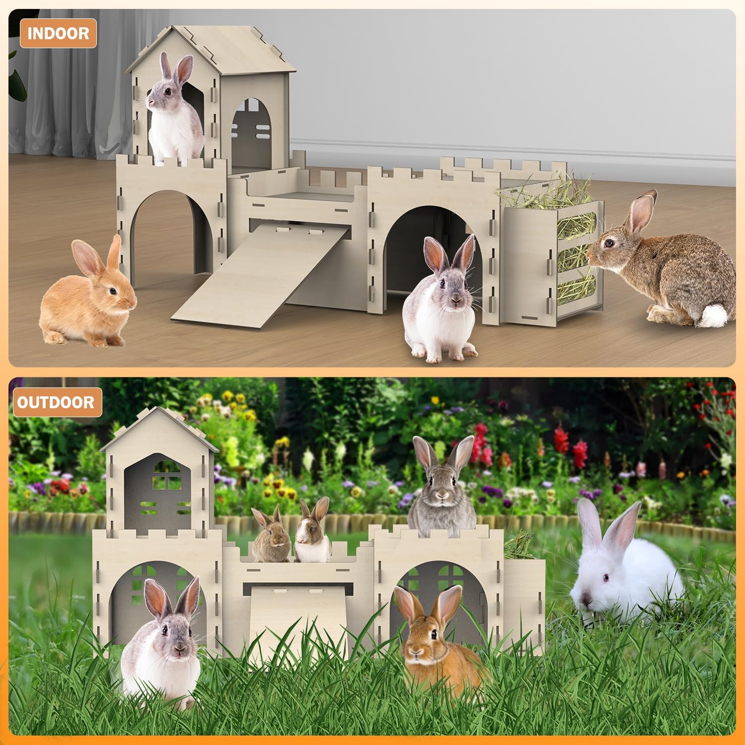 Large Bunny House and Hideouts, Wooden Dual-Layer Rabbit Castle with Stair, Rubber Band-Free Setup - chew-Proof, Sturdy Habitat for Guinea Pig Chinchilla Ferret (Rabbit House with Hay Feeder)