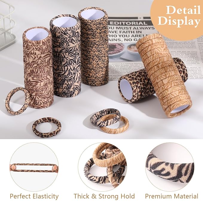 Bessrung 100PCS Seamless Elastic Hair Ties for Women Girls, No Damage Ponytail Holders for Thin Thick Hair, Leopard Animal Print Hair Bands for Women's Hair, Hair Accessories for Daily Use