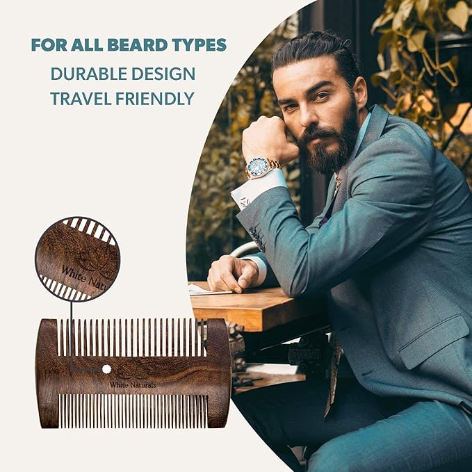 White Naturals Beard Comb for Men, Wooden Natural Sandalwood, Fine Dual Action Teeth, Handmade Premium Sandal Wood, Perfect for Balms and Oils, Includes PU Leather Case, Pocket Size
