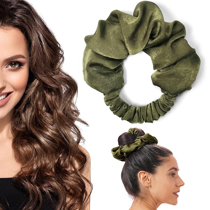 Heatless Curling Scrunchie, Heatless Hair Curler to Sleep In, No Heat Curls for Long Hair, Soft Sleep Hair Roller (Olive green)