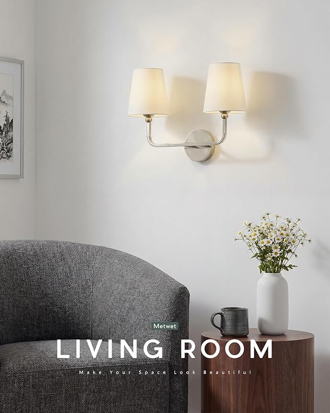 2-Light Bathroom Light Fixtures, Brushed Nickel Vanity Lights, Double Wall Sconce with Beige Fabric Shade, Modern Sconces Wall Lighting for Hallway Bedroom Stairway, VL837-BN-B-2