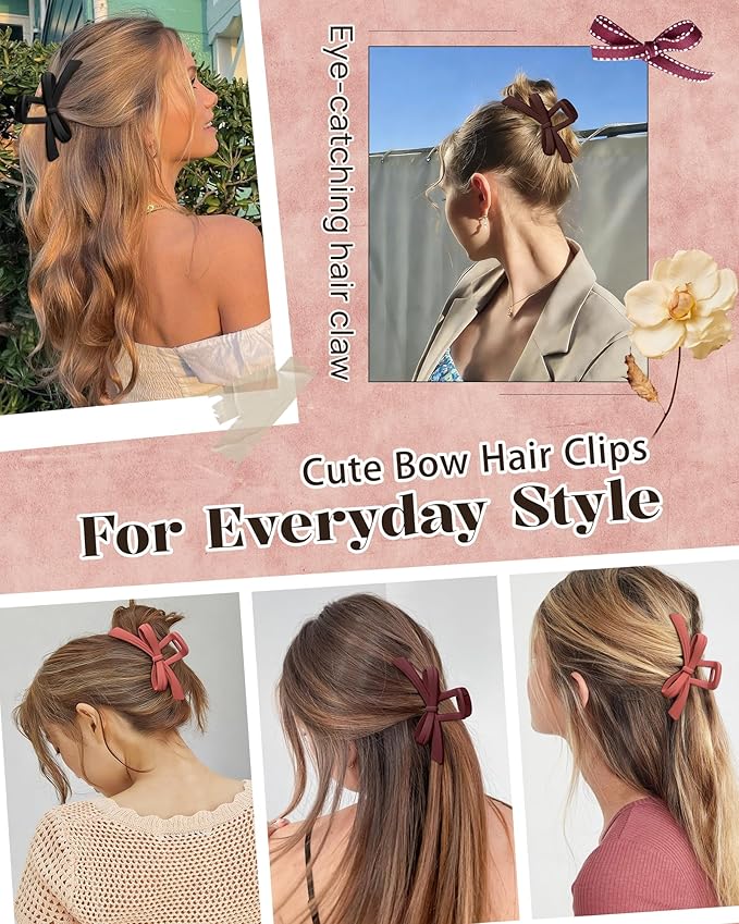 Mesovor 4 Pack Cute Bow Claw Clips, Nonslip 4.92" Large Matte Strong Hold Bows Hair Clips for Thin and Thick Hair | Chic Hairclips for Holidays or Everyday Hairstyle (Red Matte)