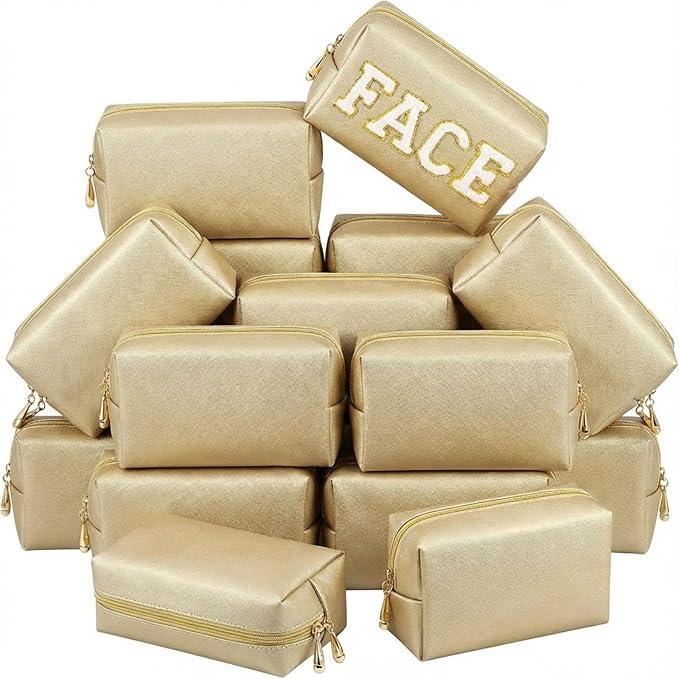 Kigeli 15 Pcs Aesthetic Makeup Bags PU Leather Cosmetic Pouches Waterproof Plain Toiletry Bags Makeup Pouches Bulk for Women Party Gift Travel Storage Organizer(Champaign Gold)
