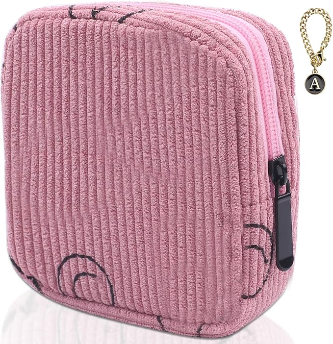 Sanitary Napkin Storage Bag, Corduroy Period Bag for Women, Cute Portable Period Pouch with Zipper, Sanitary Pads Bag Tampons Holder for Purse, First Period