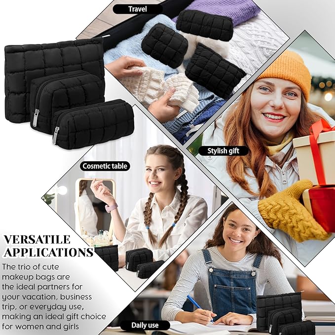3 Pcs Puffy Makeup Bag Quilted Cosmetic Pouch for Women Cute Checkered Travel Toiletry Bag Puffer Makeup Organizer Purse Pouch Preppy Pencil Case with Zipper(Black)