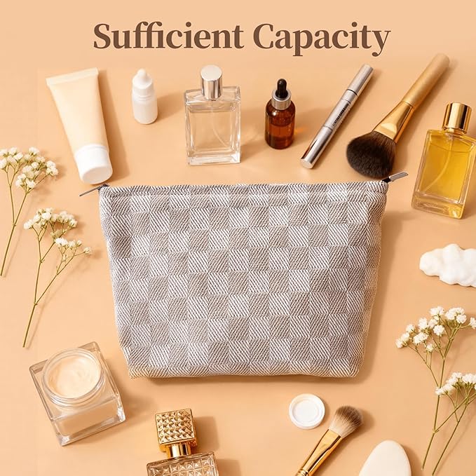 Khaki Checkered Makeup Bag for Women, Canvas Cosmetic Bag with Zipper Lining, Travel Makeup Pouch for Purse, Travel Pouch for Toiletry, Cosmetic, Sunscreen, Hygiene, Skincare, SPF, Medicine, Sunblock