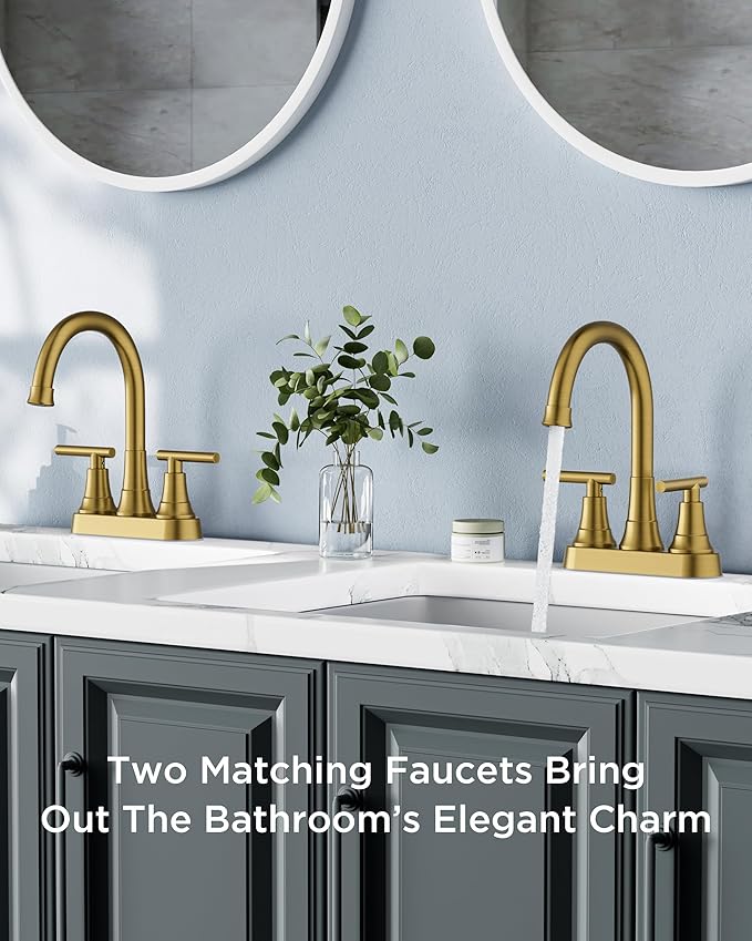 FORIOUS Brushed Gold Bathroom Faucets, 4 Inch Centerset Bathroom Sink Faucet 2 or 3 Hole with Pop up Drain and cUPC Hose, Two Handles Control, 360° spout for Restroom,Vanity, Rv, 2 Pack