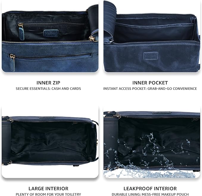 LEATHER VILLAGE Genuine Leather Travel Toiletry Bag - Water-Resistant Dopp Kit for Toiletries, Large Shaving Bag & Bathroom Organizer - Gift for Men & Women - Royal Blue