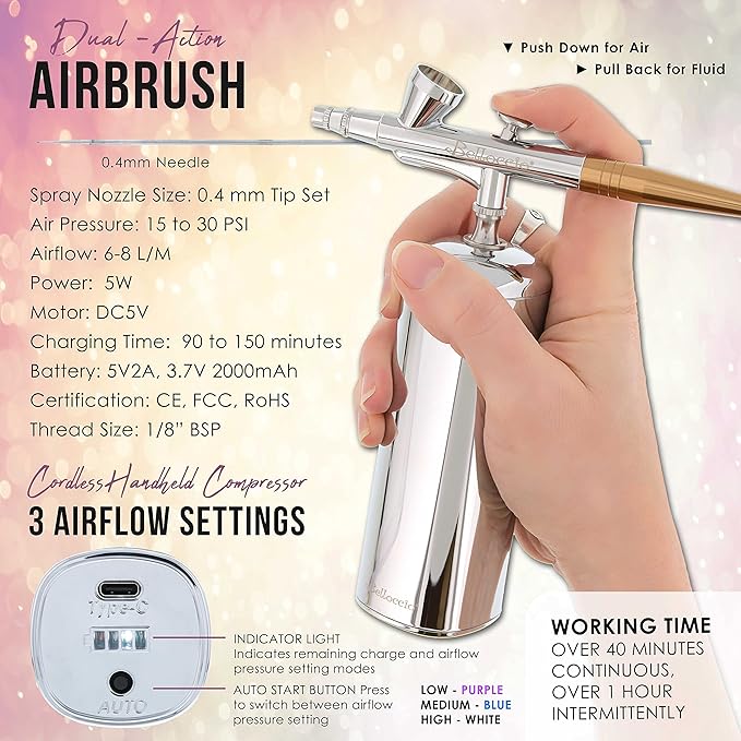 Belloccio Complete Cordless Handheld Airbrush Cosmetic Makeup System with 5 Dark Foundation Shades, Professional 18-Piece Kit, Moisturizing Primer, Blush, Bronzer, Highlighter, Concealer, User Guide