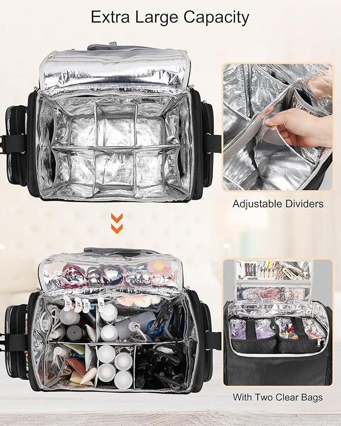 Relavel Rolling Makeup Train Case, Professional Hairstylist Traveling Bag with 4 Wheels & 2 Pouches, Adjustable Dividers, Heat Insulation Full Layer, Portable Cosmetics Storage Organizer Suitcase