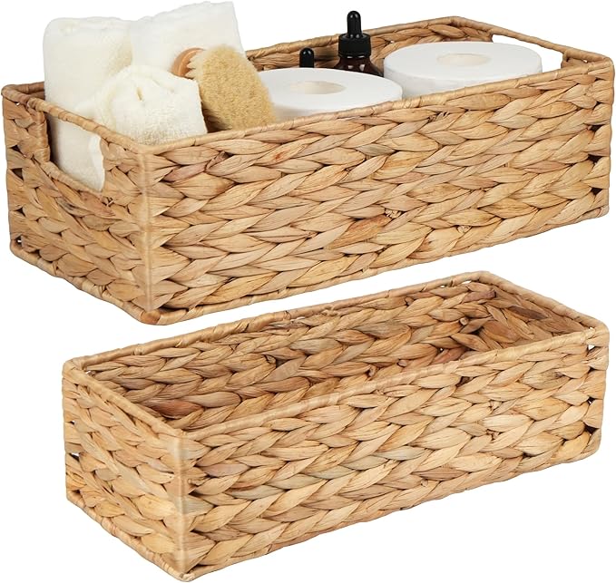 LotFancy Bathroom Basket, 2 Pack Water Hyacinth Toilet Paper Basket, Hand Woven Back of Toilet Organizer for Toilet Tank Top Countertop, Wicker Baskets for Shelves