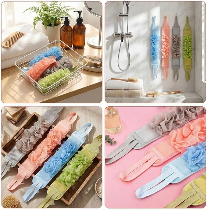 4 Pcs Exfoliating Back Scrubber for Shower Double Sided Exfoliating Washcloth with Strap Long Body Scrub Sponge Shower Loofah with Handle for Women Men Body Washing