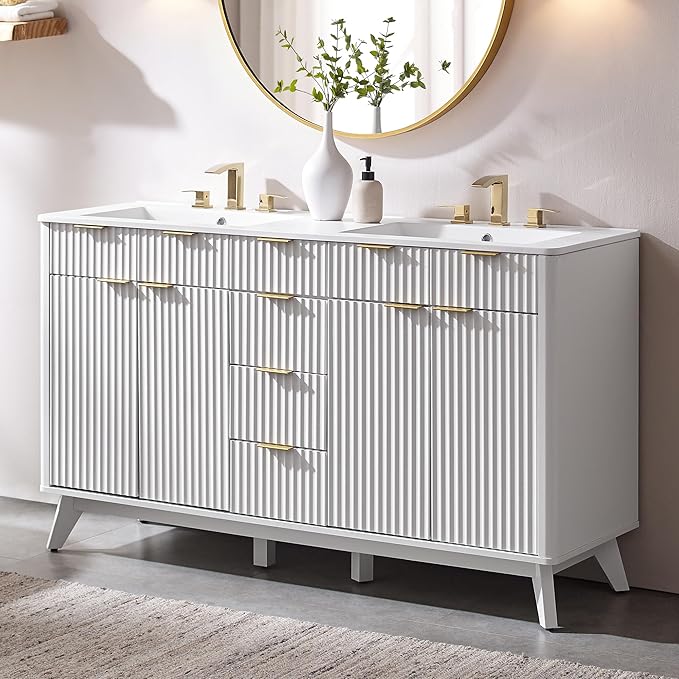T4TREAM 60" Fluted Bathroom Vanity with Resin Sink Combo，Freestanding Modern Bathroom Storage Vanity Cabinet with Soft Closing Doors & 3 Drawers，Wood Grain Texture，Metal Handle，White