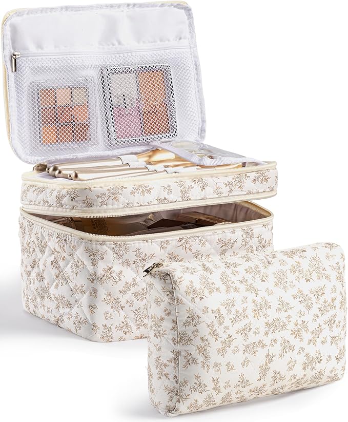 HBselect 2Pcs Travel Makeup Bag, Large Cotton Quilted Makeup Bag Cosmetic Bag Cute Make up Bag Toiletry Bags for Women Girls