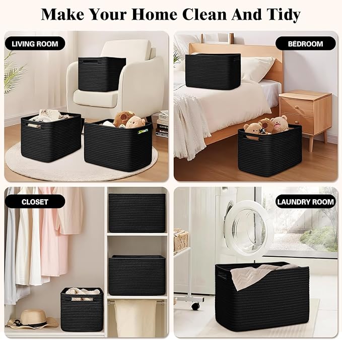 Storage Baskets for Organizing, 4 Pack Baskets for Shelves, Decorative Storage Bins for Shelves, Cotton Rope Storage Basket with Handles, Woven Basket for Storage, 13''Lx8.7''Wx7.9''H, Black