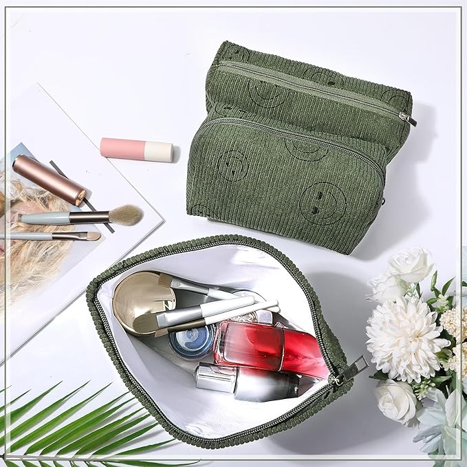 3 Pcs Makeup Bag Set for Women Corduroy Cosmetic Pouch Aesthetic Smile Travel Toiletry Bag Cute Purse Pouch Pencil Case Makeup Brushes Storage Organizer with Zipper(Army Green,Smile Face)