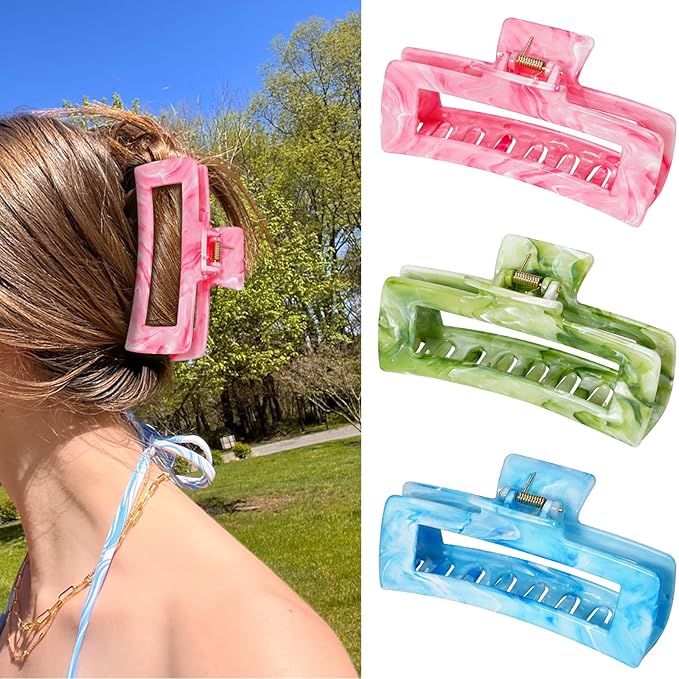 3Pcs Hair Claw Clips for Women, 5 Inch Non slip Large Claw Clip, Reference Ink Painting Design, Ideal for Home Party and Work Styling, Hair Accessories for Girls Gift (Green and Pink and Blue)