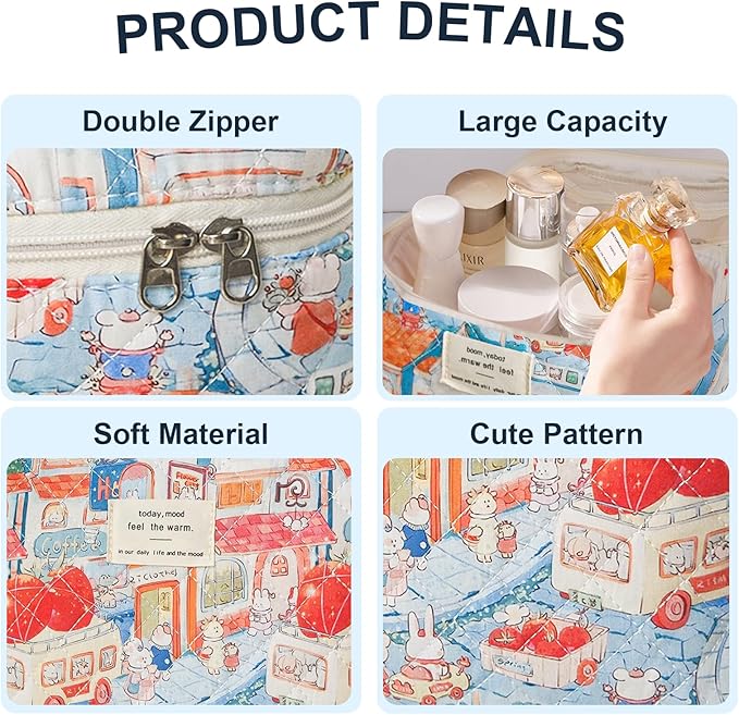 3Pcs Cotton Quilted Makeup Bag Large Travel Cosmetic Bag Coquette Makeup Pouch Cute Aesthetic Floral Toiletry Bag for Women Girls