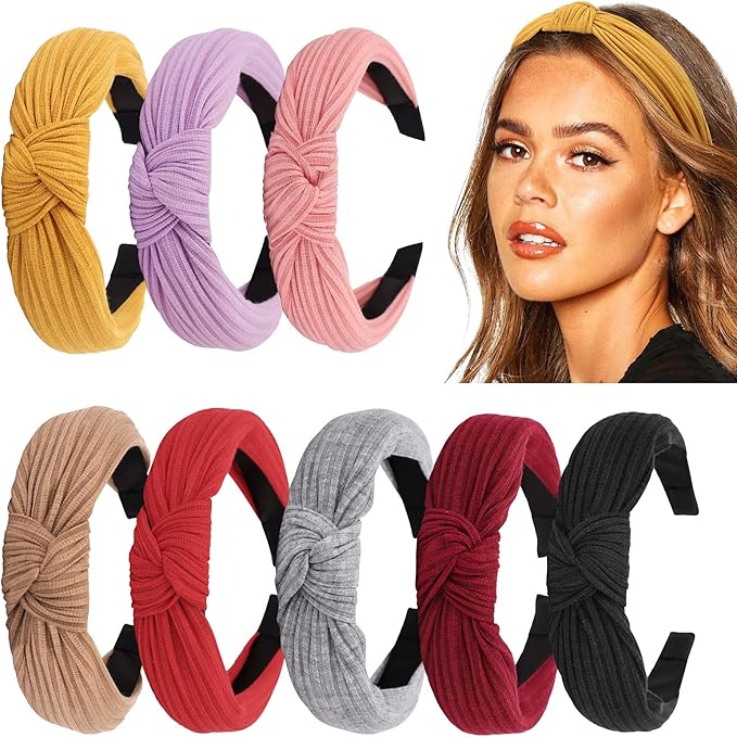 DRESHOW 8 Pack Knotted Headbands for Women Wide Turban Headband Yoga Exercise Ribbing Hair Hoop Hair Bands Accessories