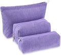 3 Pcs Makeup Bag Set for Women Corduroy Cosmetic Pouch Aesthetic Smile Travel Toiletry Bag Cute Purse Pouch Pencil Case Makeup Brushes Storage Organizer with Zipper(Purple,Solid Style)