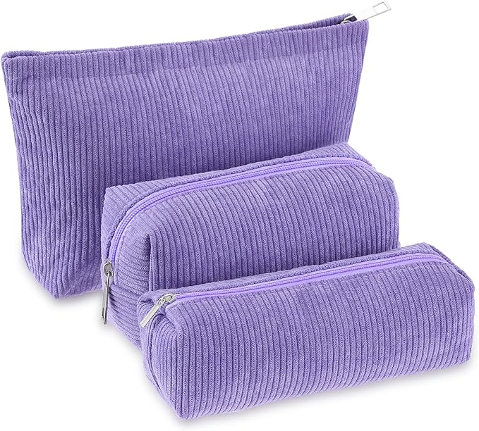 3 Pcs Makeup Bag Set for Women Corduroy Cosmetic Pouch Aesthetic Smile Travel Toiletry Bag Cute Purse Pouch Pencil Case Makeup Brushes Storage Organizer with Zipper(Purple,Solid Style)