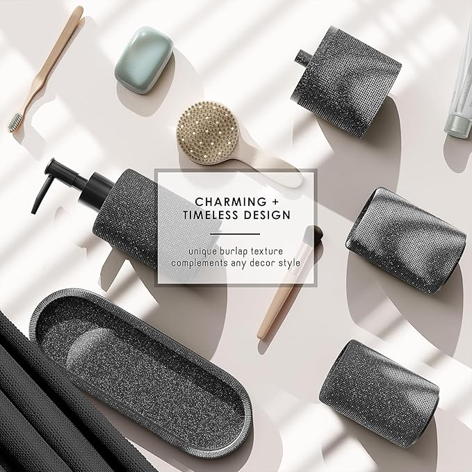 Clara Clark Bathroom Set - Coal Black Bathroom Accessories Set, 19PC Bathroom Accessory Set, Bathroom Sets with Shower Curtain Set, Soap Dispenser & Toothbrush Holder