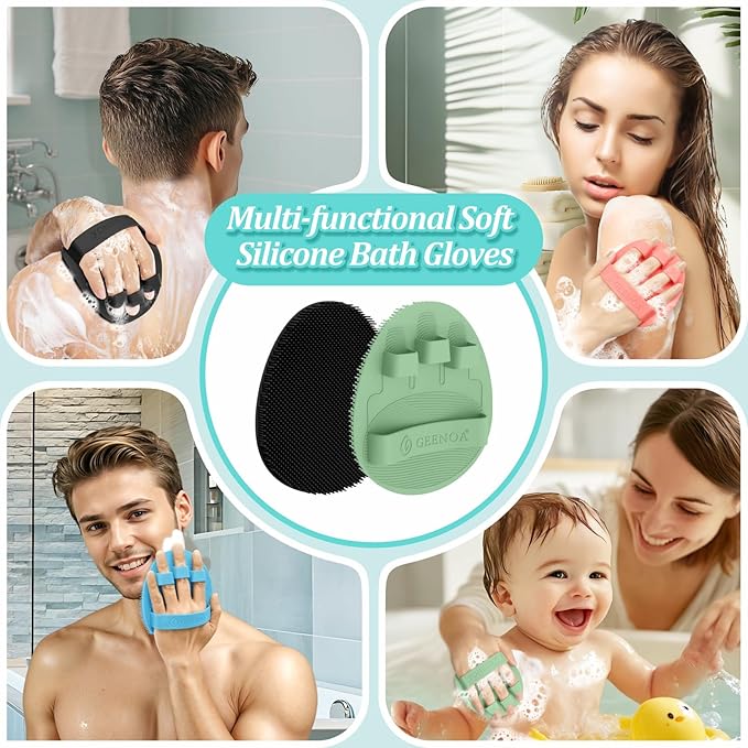 Silicone Bath Gloves 2PC, 360° Anti-Slip & Enlarged Silicone Body Scrubber for Rich Foaming Deep Cleaning, Revolutionary No-Grip & Hand-fit Shower Scrubber for All Skin Types(Black+Green)