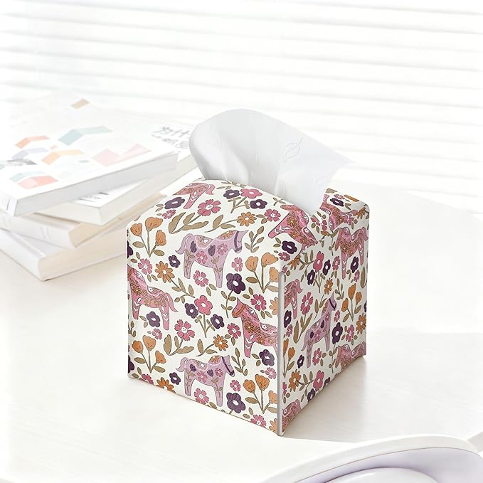 Vintage Floral Horse Tissue Box Cover, Square PU Leather Tissue Holder, Rustic Boho Religious Decor for Bedroom, Bathroom & Living Room, Unique Farmhouse Tissue Box Cover for Home Decor