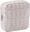 Small Quilted Cosmetic Pouch for Purse, Mini Cotton Makeup Bag with Compartments, Cute Zipper Lipstick Holder for Women (17Small Pink Flower)