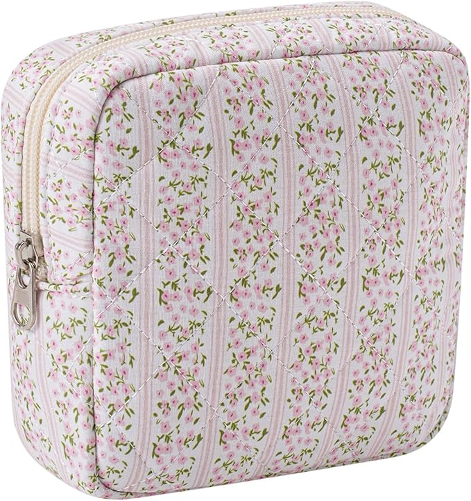 Small Quilted Cosmetic Pouch for Purse, Mini Cotton Makeup Bag with Compartments, Cute Zipper Lipstick Holder for Women (17Small Pink Flower)