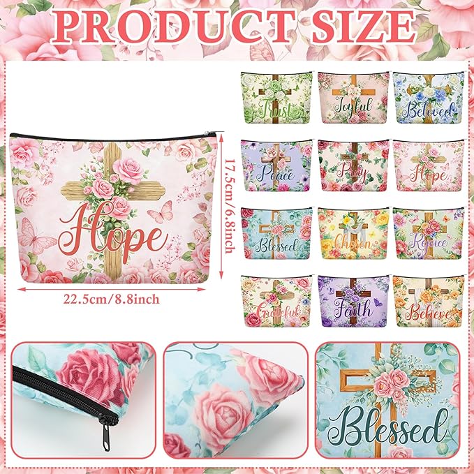 Sweetude 12 Pcs Easter Makeup Bag Bulk Flower Cross Portable Travel Cosmetic Bags with Zipper Religious Cross Waterproof Roomy Travel Beauty Toiletry Organizer Storage Pouch for Women Easter Gifts