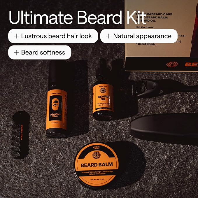 Beard Growth Kit for Men – with Beard Oil, Derma Roller for Hair Growth, Biotin Balm & Comb – Mustache Shaper & Straightener – Mens Care Grooming Kits, Beard Softener, Just for Men Gift Set
