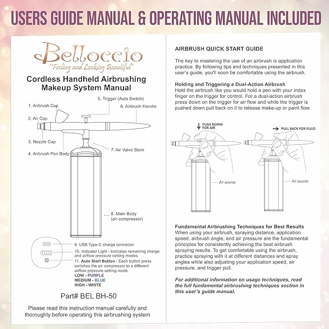 Belloccio Complete Cordless Handheld Airbrush Cosmetic Makeup System with 4 Fair Foundation Shades, Professional 18-Piece Kit, Moisturizing Primer, Blush, Bronzer, Highlighter, Concealer, User Guide