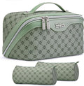 BOYATU Travel Makeup Bag Cosmetic Bags for Women: 3 Pcs Set Large Capacity Make up Bag with Handle - Vegan Leather Toiletry Bags with Compartments - Makeup Organizer for Travel Essentials(A-5-Green)