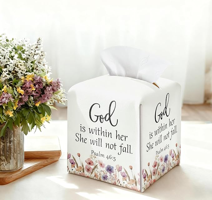 Christian Bible Verses Tissue Box Cover Square, Inspirational Quotes Waterproof Leather Tissue Box Holder, Flowers Paper Facial Tissue Box Covers Cube for Office Bathroom Home Prayer Room Decor