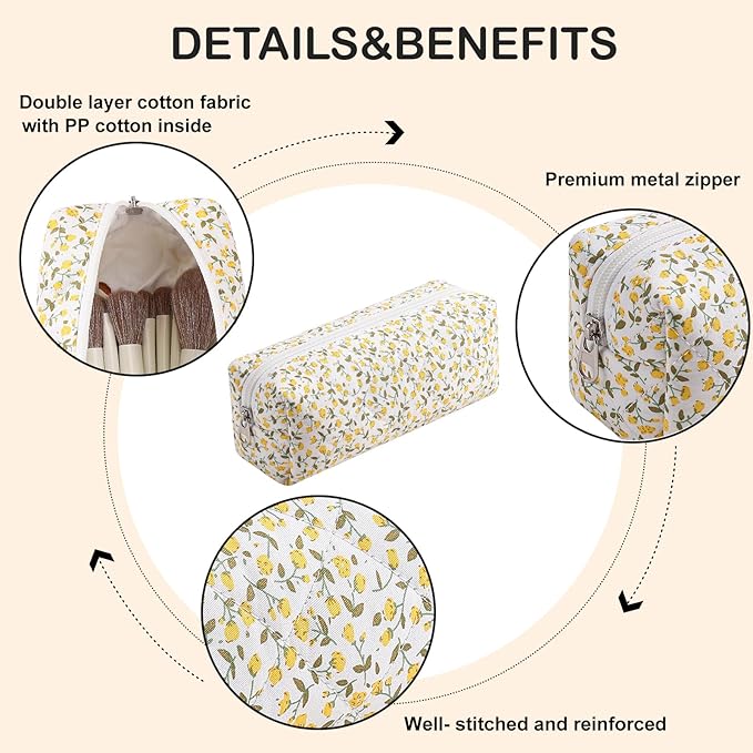 Cute Floral Makeup Brush Bag Small Cotton Quilted Cosmetic Bag for Women Travel Toiletry Zipper Make Up Pouch (Yellow Floral)
