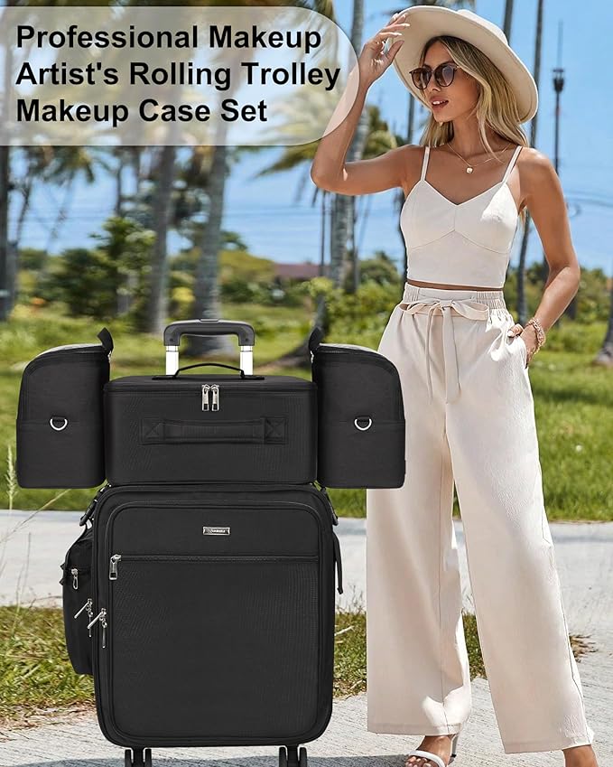 Relavel Rolling Makeup Case Professional Makeup Train Case, Rolling Makeup Kit Bag Makeup Artist Travel Bag with Wheels, 4-in-1 Portable Travel Beauty Trolley Case for Cosmetology Storage(Black)